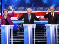 LAS VEGAS, NEVADA - FEBRUARY 19: Democratic presidential candidate Sen. Bernie Sanders (I-VT) (C) makes a point as Sen. Elizabeth Warren (D-MA) and former Vice President Joe Biden (R) raise their hands during the Democratic presidential primary debate at Paris Las Vegas on February 19, 2020 in Las Vegas, Nevada. …