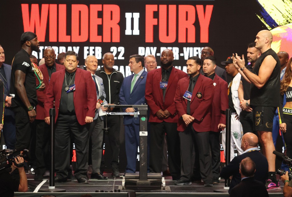 LAS VEGAS, NEVADA - FEBRUARY 21: Deontay Wilder and Tyson Fury face off during their official weigh-in at MGM Grand Garden Arena on February 21, 2020 in Las Vegas, Nevada. (Photo by Al Bello/Getty Images)