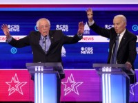 CHARLESTON, SOUTH CAROLINA - FEBRUARY 25: Democratic presidential candidate Sen. Bernie Sanders (I-VT) (L) speaks as former Vice President Joe Biden reacts during the Democratic presidential primary debate at the Charleston Gaillard Center on February 25, 2020 in Charleston, South Carolina. Seven candidates qualified for the debate, hosted by CBS …