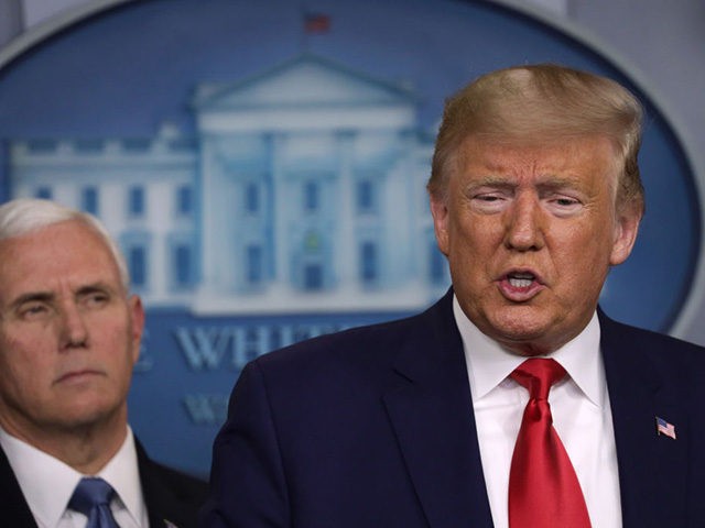 WASHINGTON, DC - FEBRUARY 29: U.S. President Donald Trump speaks as Vice President Mike Pence looks on during a news conference at the James Brady Press Briefing Room at the White House February 29, 2020 in Washington, DC. Department of Health in Washington State has reported the first death in …