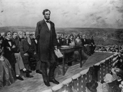 19th November 1863: Abraham Lincoln, the 16th President of the United States of America, making his famous 'Gettysburg Address' speech at the dedication of the Gettysburg National Cemetery during the American Civil War. Original Artwork: Painting by Fletcher C Ransom (Photo by Library Of Congress/Getty Images)