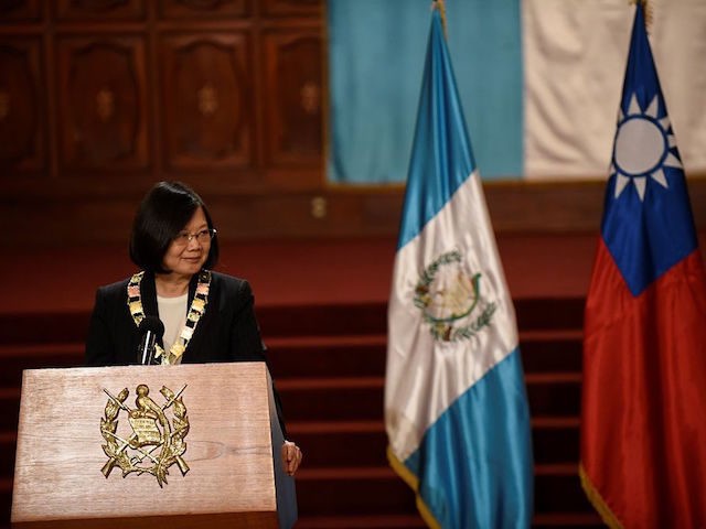 Taiwan's President Tsai Ing-wen is pictured during a press conference offered along with her Guatemalan counterpart Jimmy Morales (out of frame) at the Culture Palace in Guatemala City on January 11, 2017. Tsai is touring Taiwan's Central American allied countries to strengthen cooperation ties. / AFP / Johan ORDONEZ (Photo …