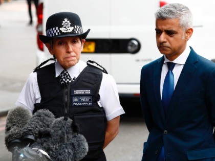 Mayor of London Sadiq Khan (R) and Metropolitan Police Commissioner Cressida Dick make a s