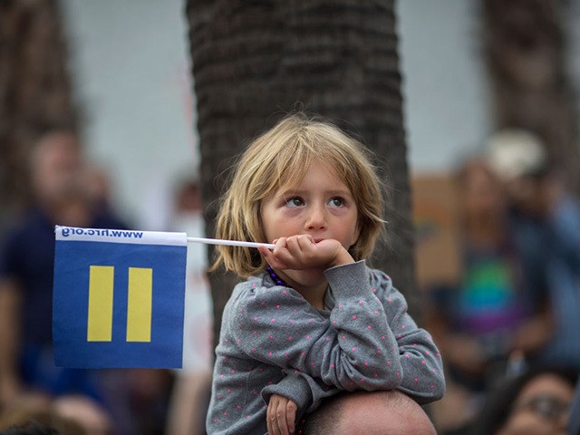 LOS ANGELES, CA - JUNE 11: A boy holds a Human Rights Campaign Equality Flag at the #Resis