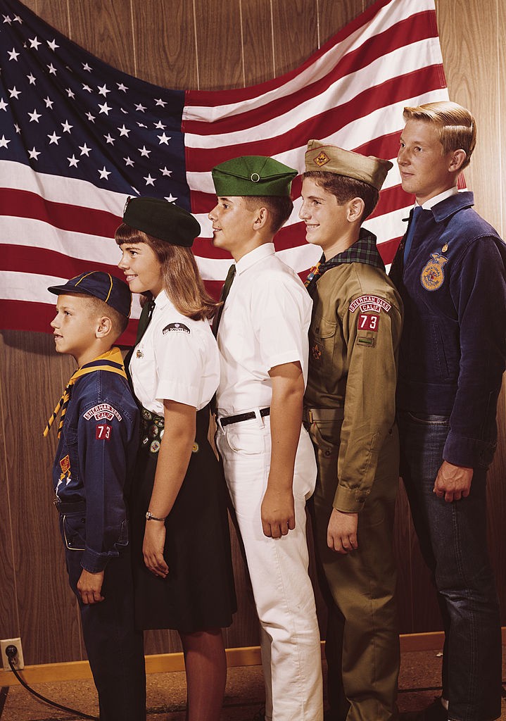 A line up of Scouts, from left to right by age range, circa 1965. (Photo by L. Willinger/FPG/Hulton Archive/Getty Images)