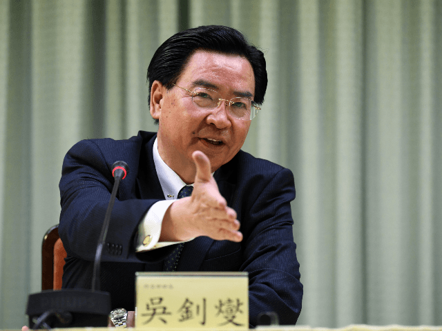 Taiwan Foreign Minister Joseph Wu gestures during a press conference in Taipei on May 1, 2