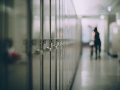 Closed lockers in a school hallway