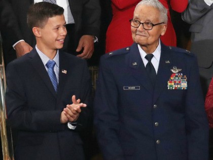 WASHINGTON, DC - FEBRUARY 04: Retired U.S. Air Force Col. Charles McGee, who served with the Tuskagee Airmen, attends the State of the Union address with his great- grandson Iain Lanphier in the chamber of the U.S. House of Representatives on February 04, 2020 in Washington, DC. President Trump delivers …