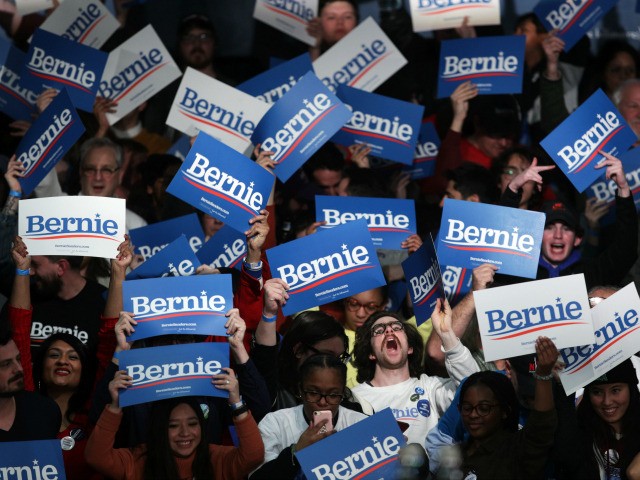 Supporters of Democratic presidential candidate Sen. Bernie Sanders (I-VT) cheer during hi