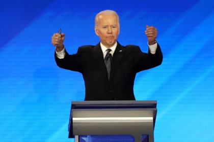MANCHESTER, NEW HAMPSHIRE - FEBRUARY 07: Democratic presidential candidate former Vice President Joe Biden participates in the Democratic presidential primary debate in the Sullivan Arena at St. Anselm College on February 07, 2020 in Manchester, New Hampshire. Seven candidates qualified for the second Democratic presidential primary debate of 2020 which …