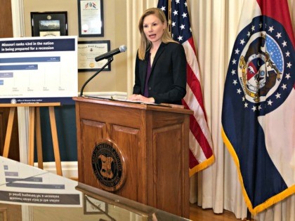 Missouri Auditor Nicole Galloway speaks to reporters Tuesday, Oct. 15, 2019, at her office in the state Capitol in Jefferson City, Mo. Galloway said Missouri isn't saving enough money for a recession. She recommended that lawmakers boost the Budget Reserve Fund to the maximum allowed under the state constitution and …