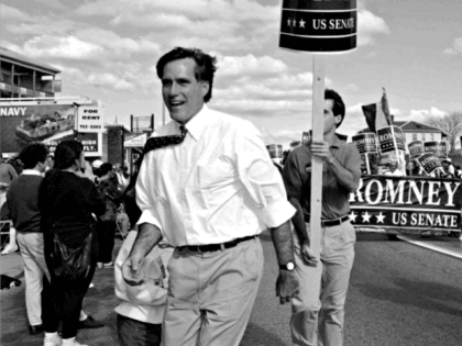 Republican U.S. Senatorial candidate Mitt Romney greets supporters at the Columbus Day parade in Worcester, Mass., Monday, Oct. 10, 1994. Romney was facing U.S. Senator Edward Kennedy, D-Mass., in November's election. (AP Photo/C.J. Gunther)