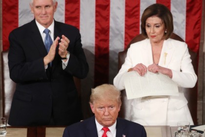 WASHINGTON, DC - FEBRUARY 04: House Speaker Rep. Nancy Pelosi (D-CA) rips up pages of the