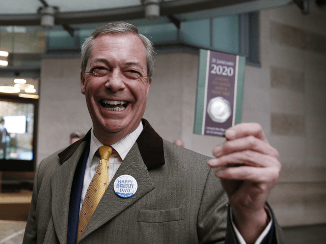 LONDON, ENGLAND - FEBRUARY 02: Brexit Party leader and former MEP, Nigel Farage holds up c
