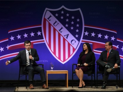 Democratic presidential candidate former South Bend, Indiana Mayor Pete Buttigieg, participates in a LULAC Presidential Town Hall as Telemundo news anchor Leticia Castro and LULAC National President Domingo Garcia at The College of Southern Nevada February 13, 2020 in North Las Vegas, Nevada. League of United Latin American Citizens held …