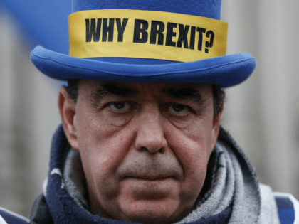LONDON, ENGLAND: Anti-Brexit campaigner Steve Bray protesting outside of the Houses of Parliament on January 30, 2020 in LONDON, United Kingdom. At 11.00pm on Friday 31st January the UK and Northern Ireland will exit the European Union, 188 weeks after the referendum on June 23rd 2016. (Photo by Hollie Adams/Getty …