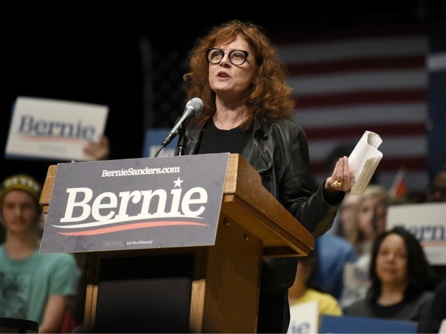 Actress Susan Sarandon speaks at a campaign rally for Democratic presidential candidate U.S. Sen. Bernie Sanders, I-Vt., Friday, Feb. 14, 2020, in Charlotte, N.C. (AP Photo/Meg Kinnard)