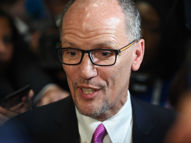 Chair of the Democratic National Committee, Tom Perez, speaks with reporters before the fi