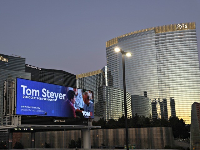 LAS VEGAS, NEVADA - FEBRUARY 19: A campaign billboard of Democratic presidential candidate Tom Steyer is seen February 19, 2020 in Las Vegas, Nevada. Nevada Democrats will hold its presidential caucuses on February 22, the third one in the presidential primary season. (Photo by Alex Wong/Getty Images)