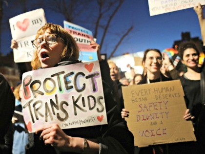NEW YORK, NY - FEBRUARY 23: Hundreds protest a Trump administration announcement this week that rescinds an Obama-era order allowing transgender students to use school bathrooms matching their gender identities, at the Stonewall Inn on February 23, 2017 in New York City. Activists and members of the transgender community gathered …