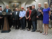 WASHINGTON, DC - MAY 23: Counselor to the President Kellyanne Conway (2nd R) and Director of Strategic Communications Mercedes Schlapp (R) describe U.S. President Donald Trump's demeanor during a Wednesday meeting with Congressional Democrats during an event with farmers and ranchers in the Roosevelt Room at the White House May …