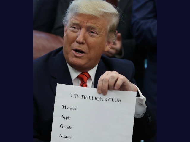 WASHINGTON, DC - FEBRUARY 11: U.S. President Donald Trump President Trump holds up a paper with companies listed, after signing the Supporting Veterans in STEM Careers Act the Oval Office at the White House on February 11, 2020 in Washington, DC. (Photo by Mark Wilson/Getty Images)