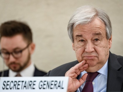 UN Secretary-General Antonio Guterres looks on during the opening of the UN Human Rights C