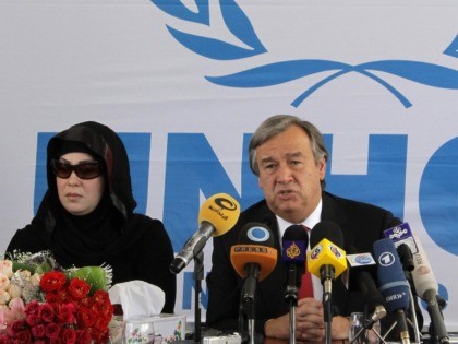 United Nations High Commissioner for Refugees (UNHCR) chief Antonio Guterres speaks during a press conference as Maysoon, the 100,000th Iraqi refugee waiting to immigrate to a third country sits next to him, during a press conference at UNHCR office in Damascus on June 20, 2010. AFP PHOTO/LOUAI BESHARA (Photo credit …