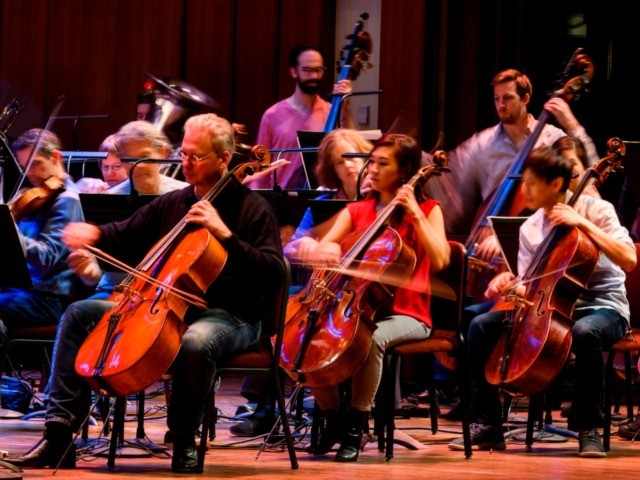 Members of the National Symphony Orchestra (NSO) play during an NSO rehearsal at the John