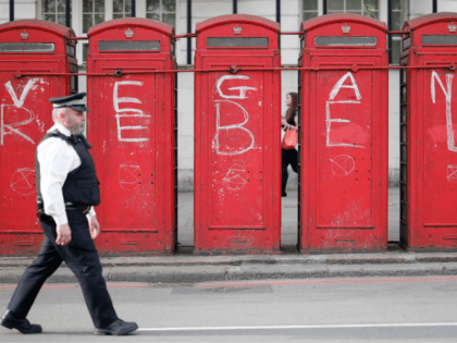 A police officer walks past public telephone boxes daubed with the words "vegan" and "rebel" and the symbol of the Extinction Rebellion environmental protest group in London on April 22, 2019, on the eighth day of the group's protest calling for political change to combat climate change. - Climate change …