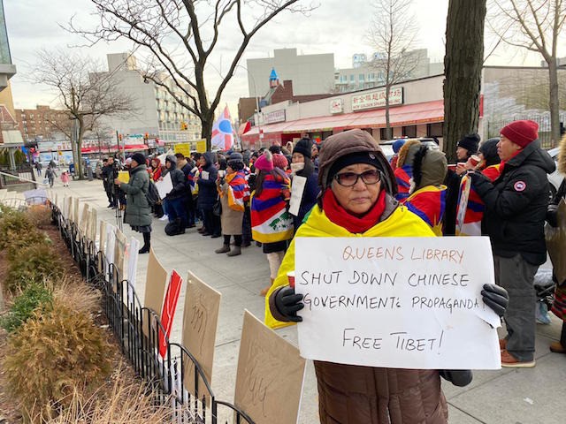 Students for a Free Tibet organize protest on February 15, 2020, against a Chinese government propaganda exhibit at the Elmhurst Library in Queens, New York.