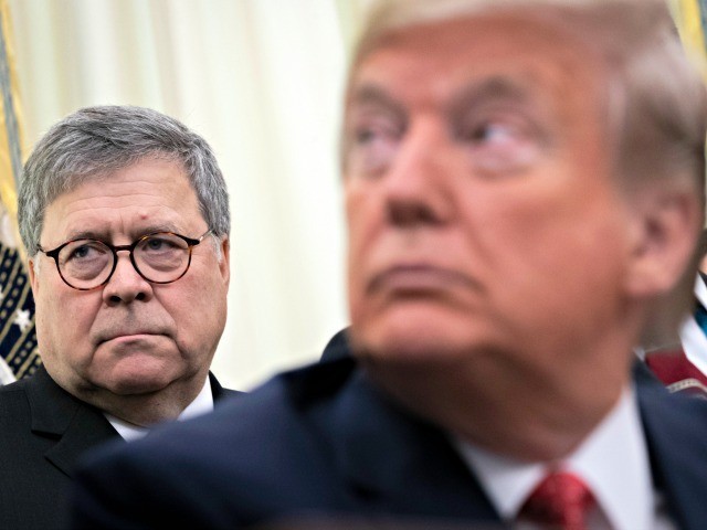 WASHINGTON, DC - NOVEMBER 26: (L-R) U.S. Attorney General William Barr and U.S. President Donald Trump attend a signing ceremony for an executive order establishing the Task Force on Missing and Murdered American Indians and Alaska Natives, in the Oval Office of the White House on November 26, 2019 in …