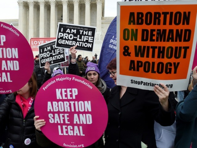 Pro-choice and pro-life activists demonstrate in front of the the US Supreme Court during