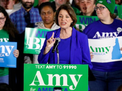 Democratic presidential candidate Sen. Amy Klobuchar, D-Minn., speaks at her election night party, Tuesday, Feb. 11, 2020, in Concord, N.H. (AP Photo/Robert F. Bukaty)