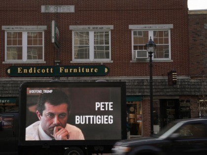 A pro-Trump billboard with a video of 2020 Democratic presidential candidate Pete Buttigie