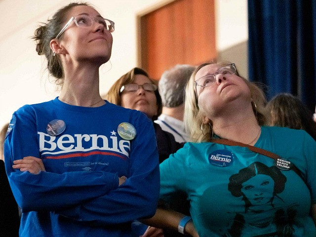 Supporters of democratic presidential candidate Vermont Senator Bernie Sanders wait for results to come in at his caucus night watch party on February 3, 2020 in Des Moines, Iowa. (Photo by kerem yucel / AFP) (Photo by KEREM YUCEL/AFP via Getty Images)