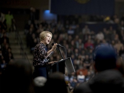 Actress Cynthia Nixon speaks at a campaign rally for Democratic presidential candidate Sen. Bernie Sanders, I-Vt., at the Whittemore Center Arena at the University of New Hampshire, Monday, Feb. 10, 2020, in Durham, N.H. (AP Photo/Andrew Harnik)
