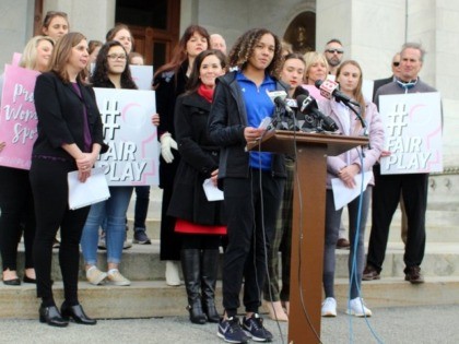 Danbury High School sophomore Alanna Smith speaks during a news conference at the Connecticut State Capitol in Hartford, Conn., Wednesday, Feb, 12, 2020. Smith, the daughter of former Major League pitcher Lee Smith, is among three girls suing to block a state policy that allows transgender athletes to compete in …