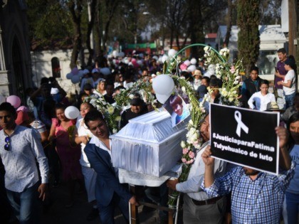 TOPSHOT - The coffin of a seven-year-old girl whose body was found over the week-end with signs of torture, is carried at the cemetery before her burial, in Mexico City, on February 18, 2020. - The girl was reported missing by her parents on February 11, while her body was …