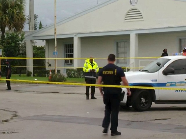 This still image taken from video provided by WPEC CBS 12 News shows emergency responders at the scene of a shooting at the Victory City Church in Riviera Beach, Fla., Saturday, Feb. 1, 2020. Fatalities were caused by gunfire that erupted at a funeral according to authorities. (WPEC CBS 12 …