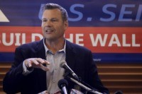 FILE- In this July 8, 2019 file photo, former Kansas Secretary of State Kris Kobach addresses the crowd as he announces his candidacy for the Republican nomination for the U.S. Senate in Leavenworth, Kan. Secretary of State Mike Pompeo said Tuesday, Jan. 7, 2020, that he'll remain in his post …