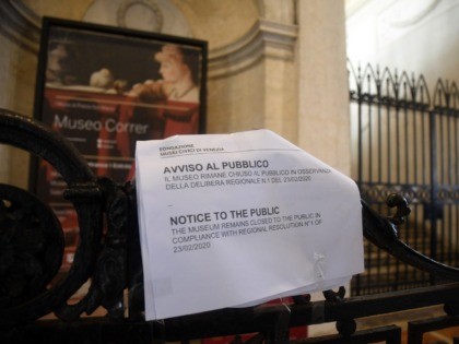 A picture taken in Venice on February 24, 2020 shows a sign at the entrance of the Correr