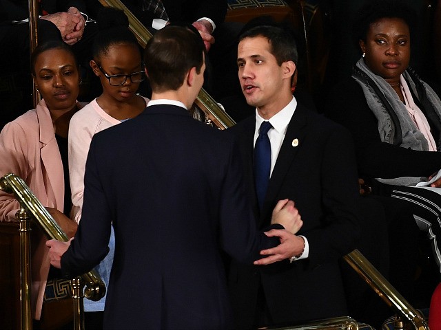 Senior Advisor to the President Jared Kushner (L) greets Venezuelan Opposition leader Juan Guaido before the State of the Union address at the US Capitol in Washington, DC, on February 4, 2020. (Photo by Brendan Smialowski / AFP) (Photo by BRENDAN SMIALOWSKI/AFP via Getty Images)