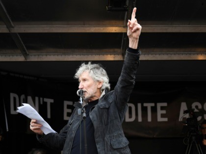 British musician Roger Waters gestures as he speaks at a rally in Parliament Square as par