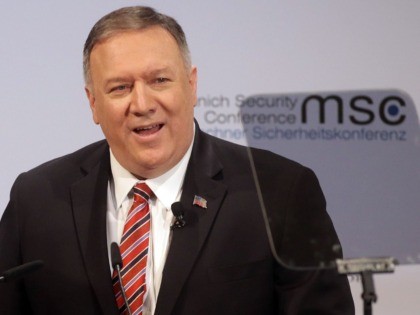 MUNICH, GERMANY - FEBRUARY 15: Mike Pompeo, US secretary of state delivers a speech at the 2020 Munich Security Conference (MSC) on February 15, 2020 in Munich, Germany. The annual conference brings together global political, security and business leaders to discuss pressing issues, which this year include climate change, the …