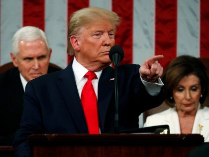 WASHINGTON, DC - FEBRUARY 04: U.S. President Donald Trump delivers the State of the Union address in the House chamber on February 4, 2020 in Washington, DC. Trump is delivering his third State of the Union address on the night before the U.S. Senate is set to vote in his …