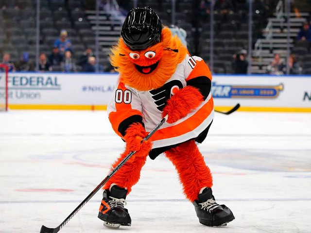 ST LOUIS, MISSOURI - JANUARY 25: Mascot Gritty of the Philadelphia Flyers participates in