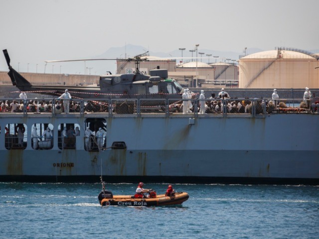VALENCIA, SPAIN - JUNE 17: Italian navy vessel Orione carrying migrants arrives at the Por