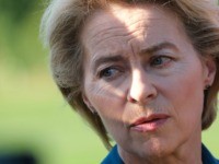 NOSSENTIN, GERMANY - JUNE 24: German Defense Minister Ursula von der Leyen speaks to the media near the crash site of one of two Bundeswehr Eurofighter fighter jets on June 24, 2019 near Nossentin, Germany. Two Eurofighters collided during training earlier today, leaving one pilot dead. (Photo by Sean Gallup/Getty …