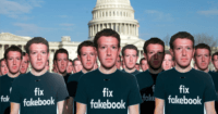 One hundred cardboard cutouts of Facebook founder and CEO Mark Zuckerberg stand outside the US Capitol in Washington, DC, April 10, 2018. - Advocacy group Avaaz is calling attention to what the groups says are hundreds of millions of fake accounts still spreading disinformation on Facebook. (Photo: Saul Loeb/AFP/Getty Images)